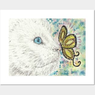 White cat with  butterfly Posters and Art